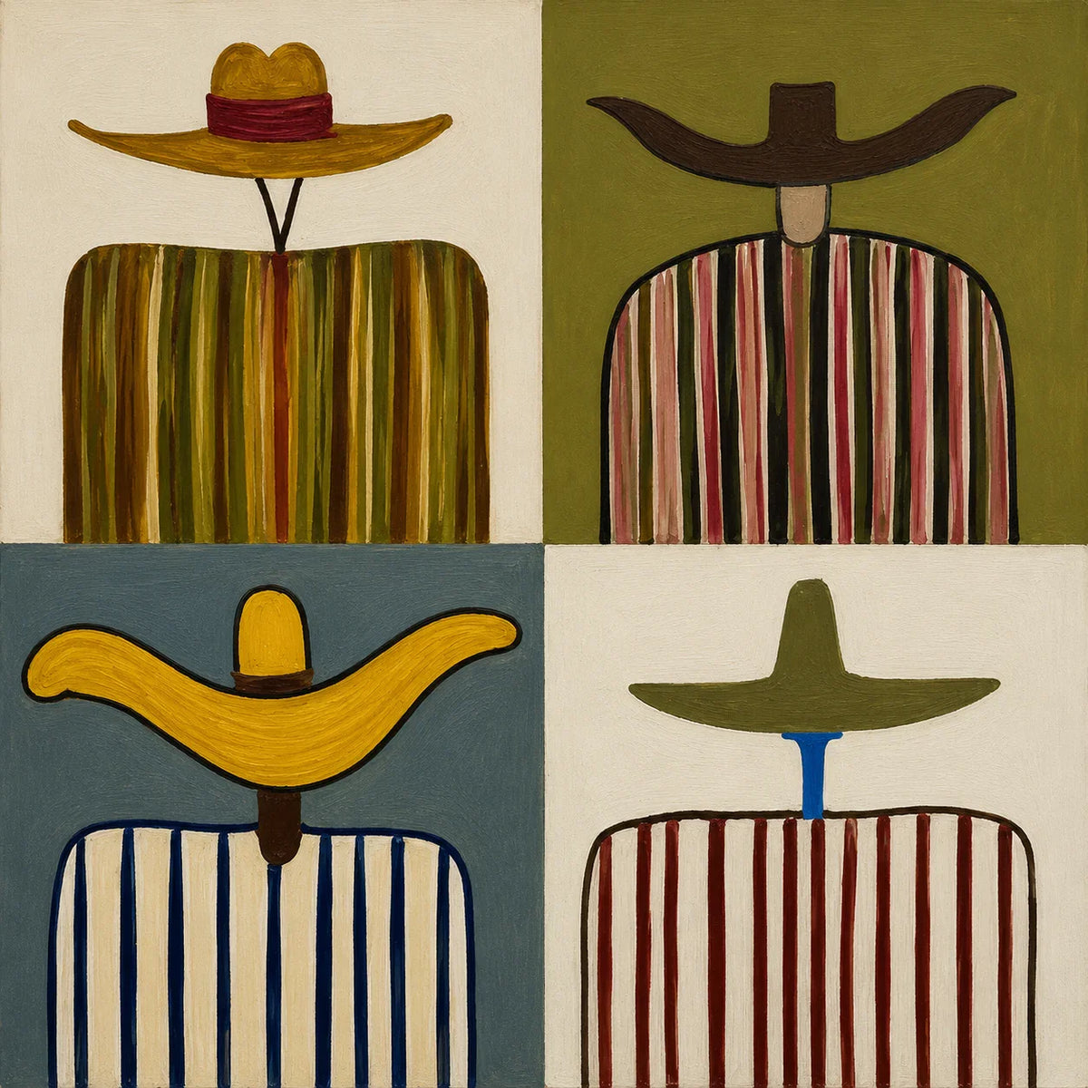 Four Wide Hats and Striped Figures Grid Wall Art artwork view | Olyrel