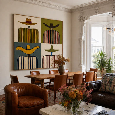 Four Wide Hats and Striped Figures Grid Wall Art styled interior scene 1 | Olyrel