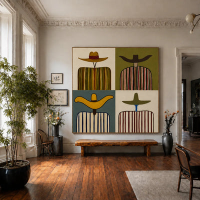 Four Wide Hats and Striped Figures Grid Wall Art styled interior scene 2 | Olyrel