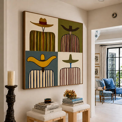 Four Wide Hats and Striped Figures Grid Wall Art styled interior scene 5 | Olyrel
