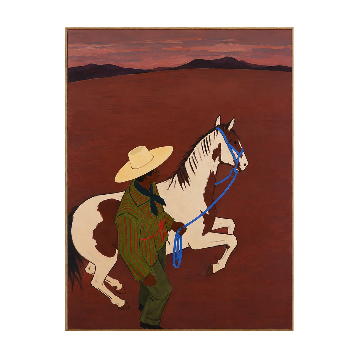 Figure and Pinto Horse beneath a Rust Sunset Wall Art | Olyrel
