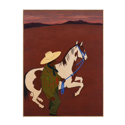 Figure and Pinto Horse beneath a Rust Sunset Wall Art | Olyrel