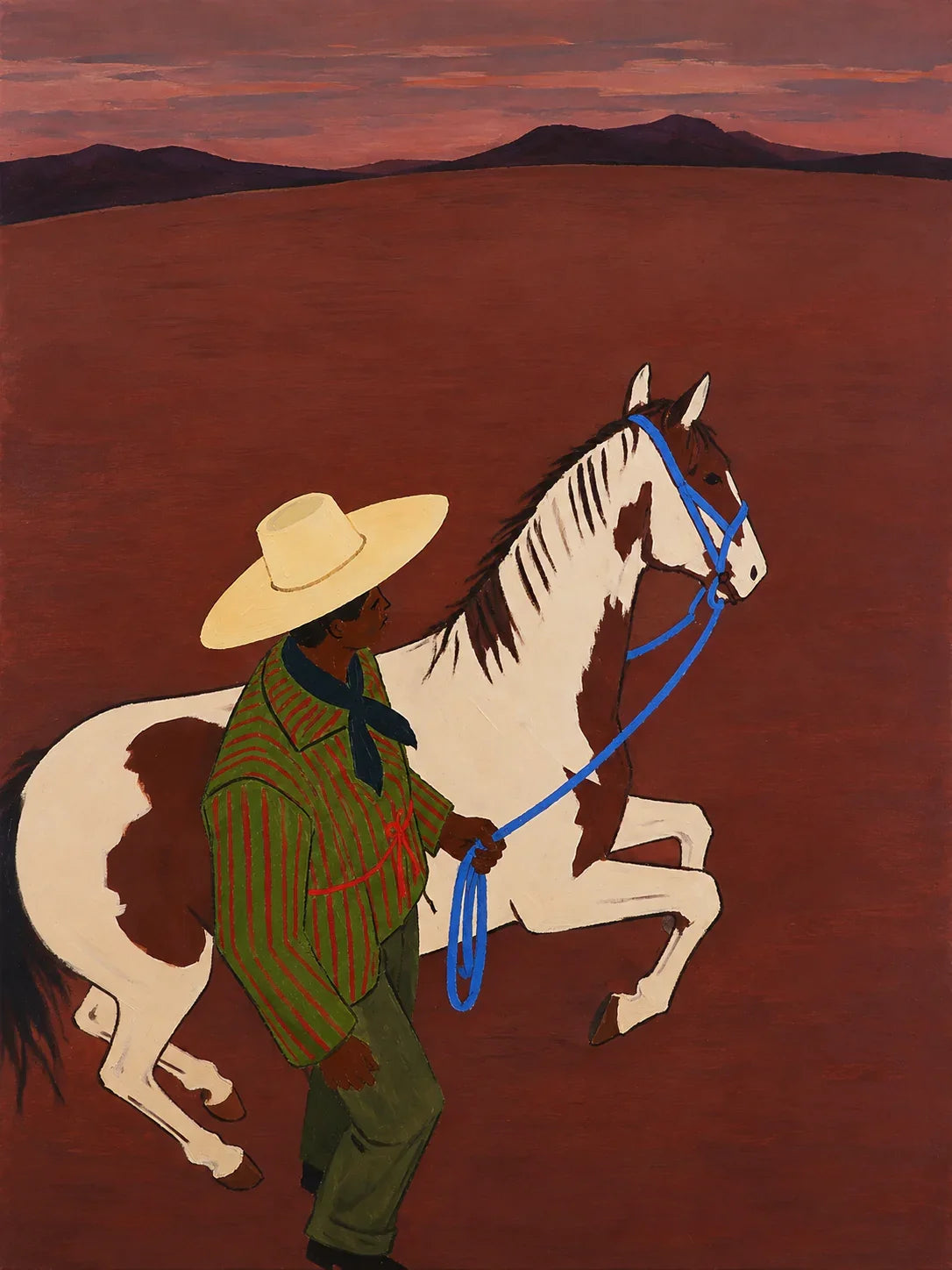 Figure and Pinto Horse beneath a Rust Sunset Wall Art artwork view | Olyrel