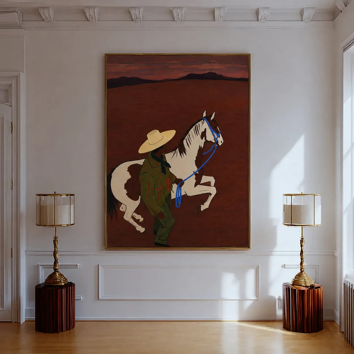 Figure and Pinto Horse beneath a Rust Sunset Wall Art styled interior scene 2 | Olyrel
