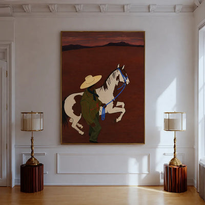 Figure and Pinto Horse beneath a Rust Sunset Wall Art styled interior scene 2 | Olyrel