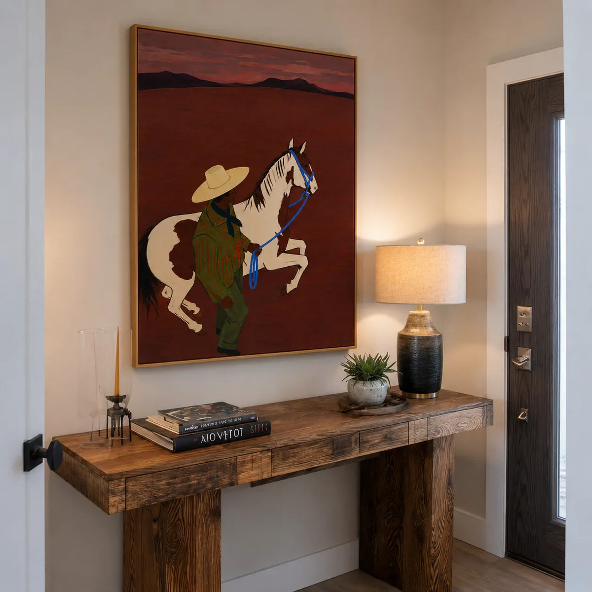 Figure and Pinto Horse beneath a Rust Sunset Wall Art styled interior scene 3 | Olyrel