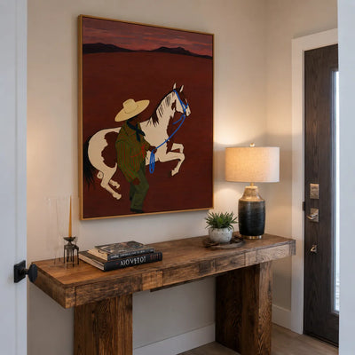 Figure and Pinto Horse beneath a Rust Sunset Wall Art styled interior scene 3 | Olyrel
