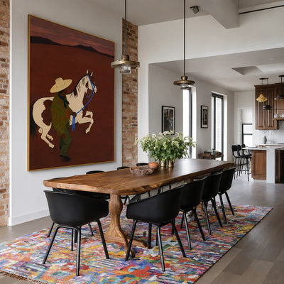 Figure and Pinto Horse beneath a Rust Sunset Wall Art styled interior scene 4 | Olyrel