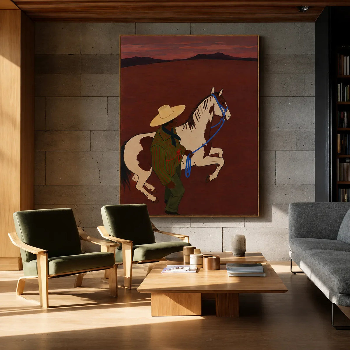 Figure and Pinto Horse beneath a Rust Sunset Wall Art styled interior scene 5 | Olyrel