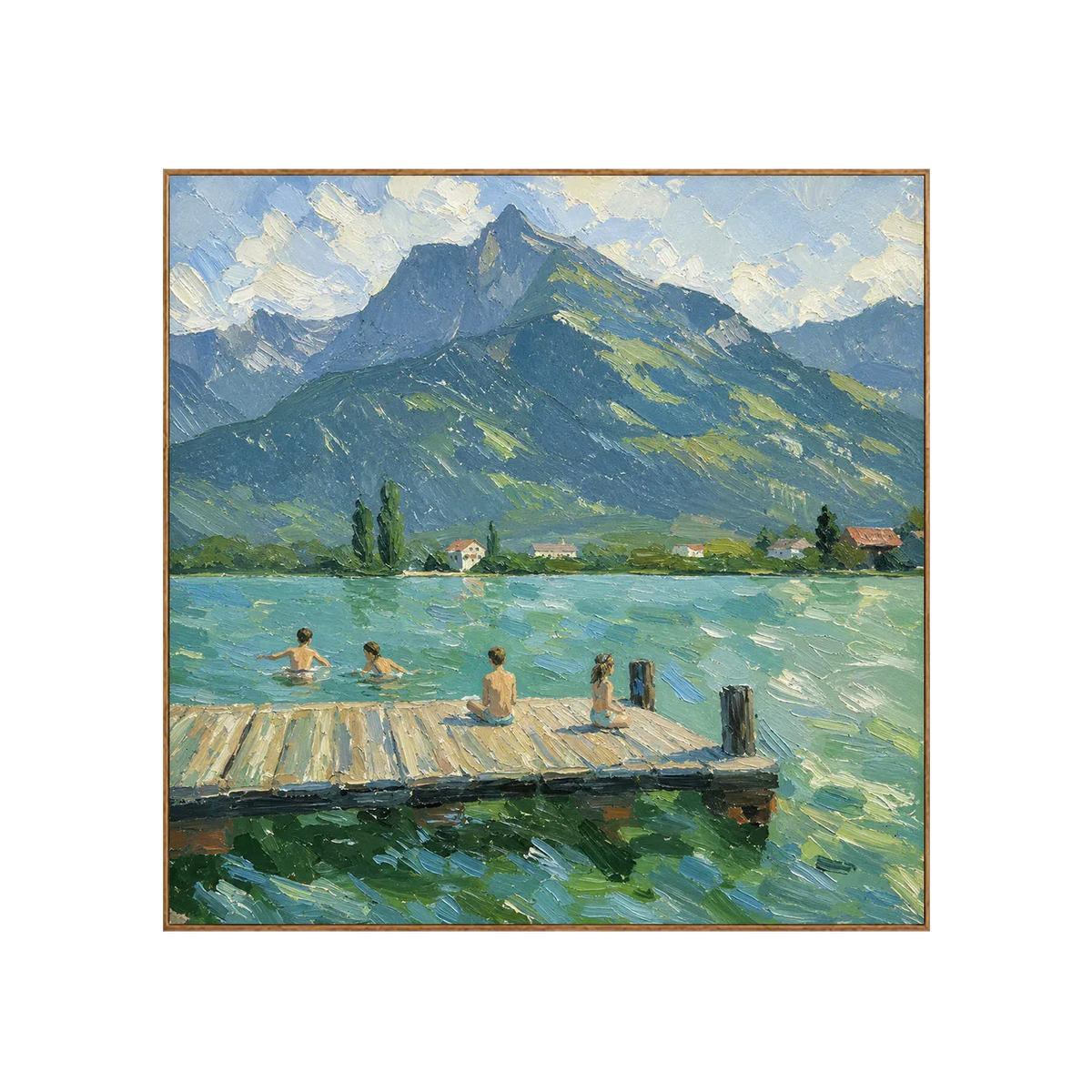 Mountain Lake with Swimmers and a Wooden Dock Wall Art | Olyrel
