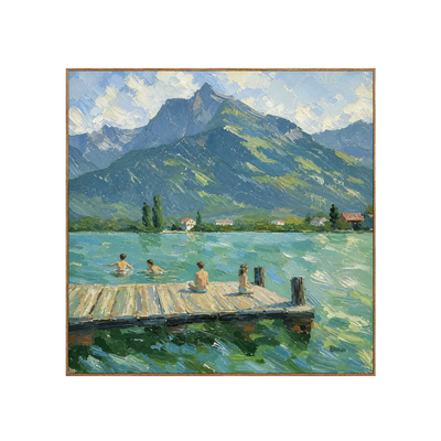 Mountain Lake with Swimmers and a Wooden Dock Wall Art | Olyrel
