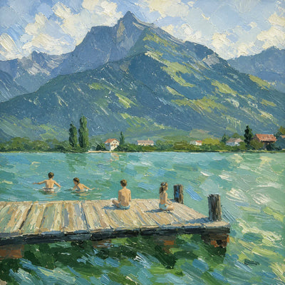 Mountain Lake with Swimmers and a Wooden Dock Wall Art artwork view | Olyrel