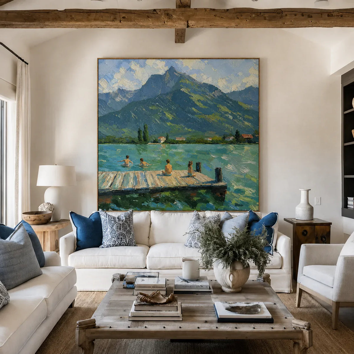 Mountain Lake with Swimmers and a Wooden Dock Wall Art styled interior scene 2 | Olyrel