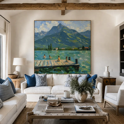 Mountain Lake with Swimmers and a Wooden Dock Wall Art styled interior scene 2 | Olyrel