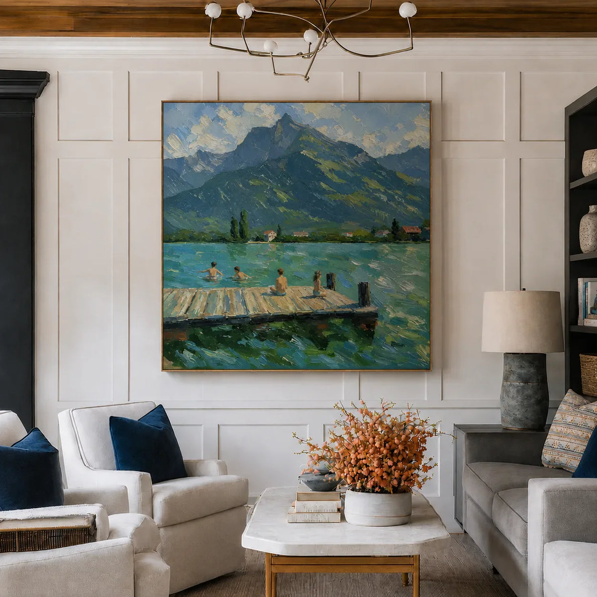 Mountain Lake with Swimmers and a Wooden Dock Wall Art styled interior scene 3 | Olyrel
