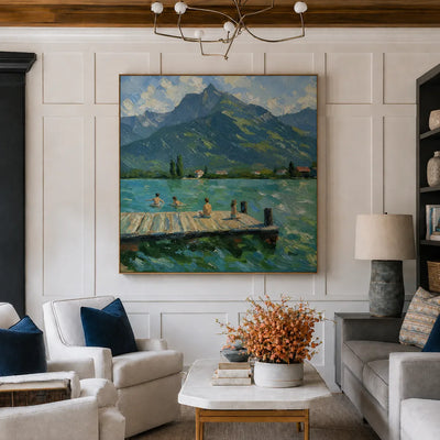 Mountain Lake with Swimmers and a Wooden Dock Wall Art styled interior scene 3 | Olyrel