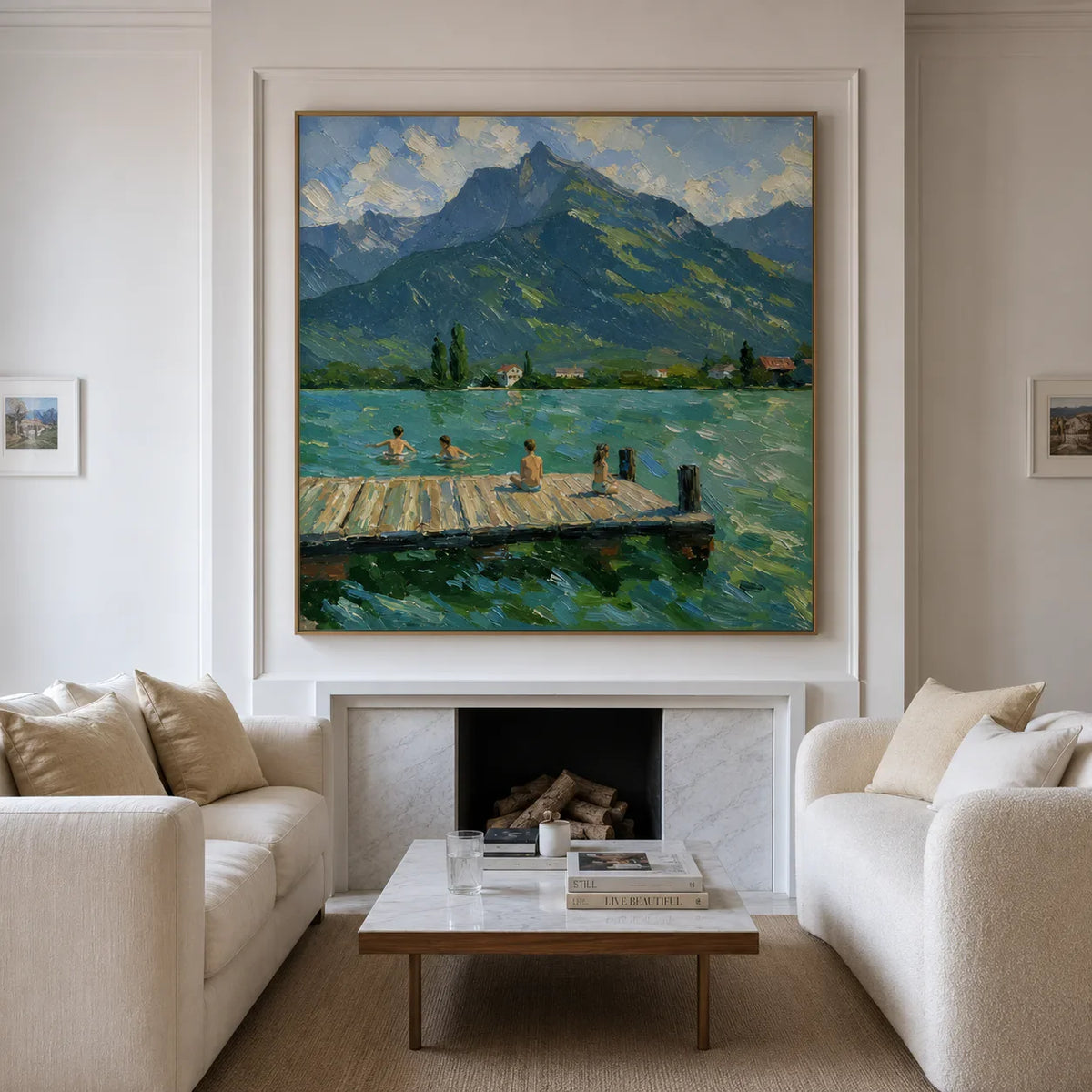 Mountain Lake with Swimmers and a Wooden Dock Wall Art styled interior scene 4 | Olyrel