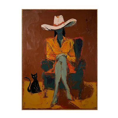 Seated Figure in Ochre with a Black Cat Wall Art | Olyrel
