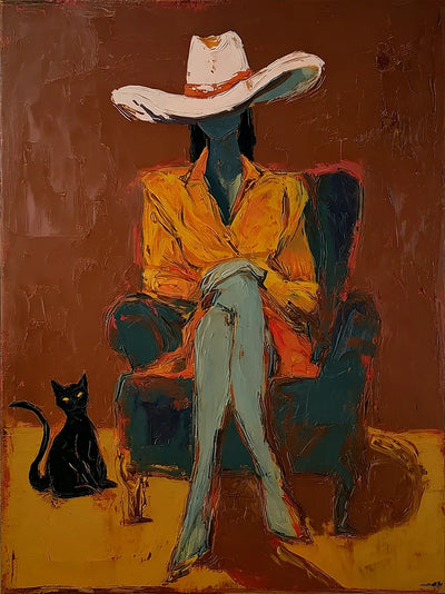 Seated Figure in Ochre with a Black Cat Wall Art artwork view | Olyrel