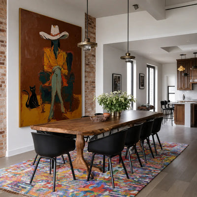Seated Figure in Ochre with a Black Cat Wall Art styled interior scene 1 | Olyrel