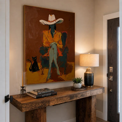 Seated Figure in Ochre with a Black Cat Wall Art styled interior scene 2 | Olyrel