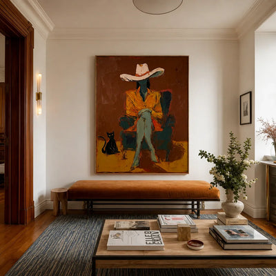 Seated Figure in Ochre with a Black Cat Wall Art styled interior scene 3 | Olyrel
