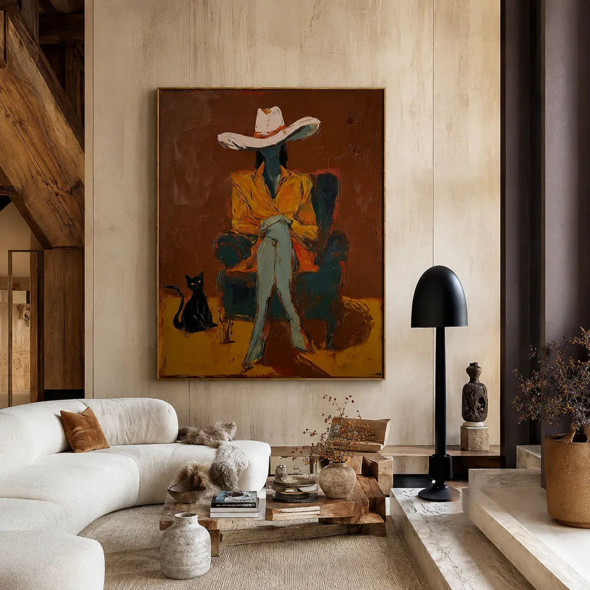 Seated Figure in Ochre with a Black Cat Wall Art styled interior scene 4 | Olyrel