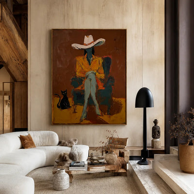 Seated Figure in Ochre with a Black Cat Wall Art styled interior scene 4 | Olyrel