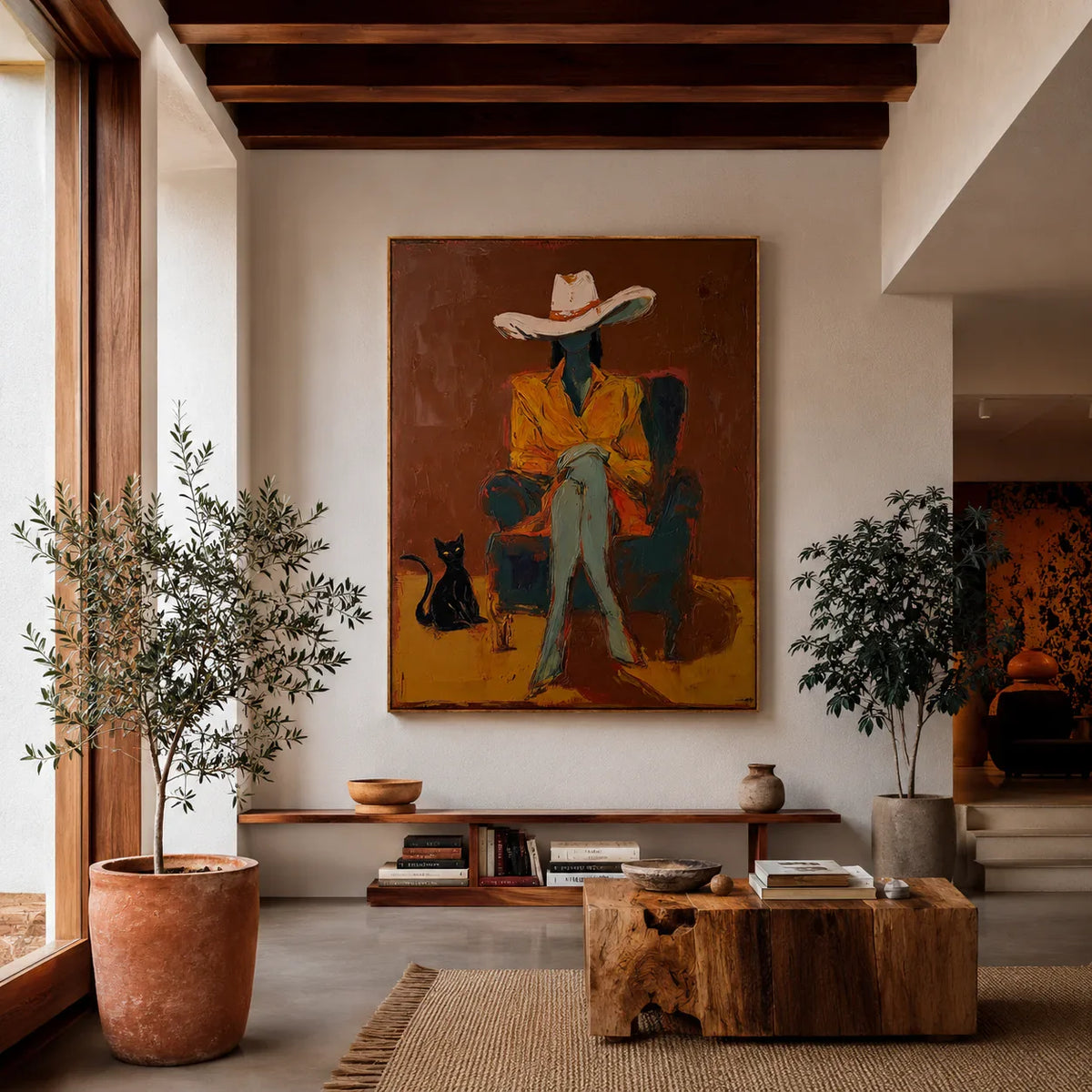 Seated Figure in Ochre with a Black Cat Wall Art styled interior scene 5 | Olyrel