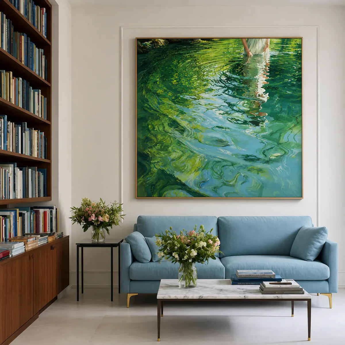 White Dress Reflected in Emerald Water Wall Art styled interior scene 1 | Olyrel