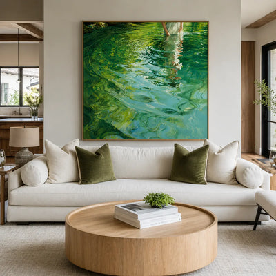 White Dress Reflected in Emerald Water Wall Art styled interior scene 2 | Olyrel