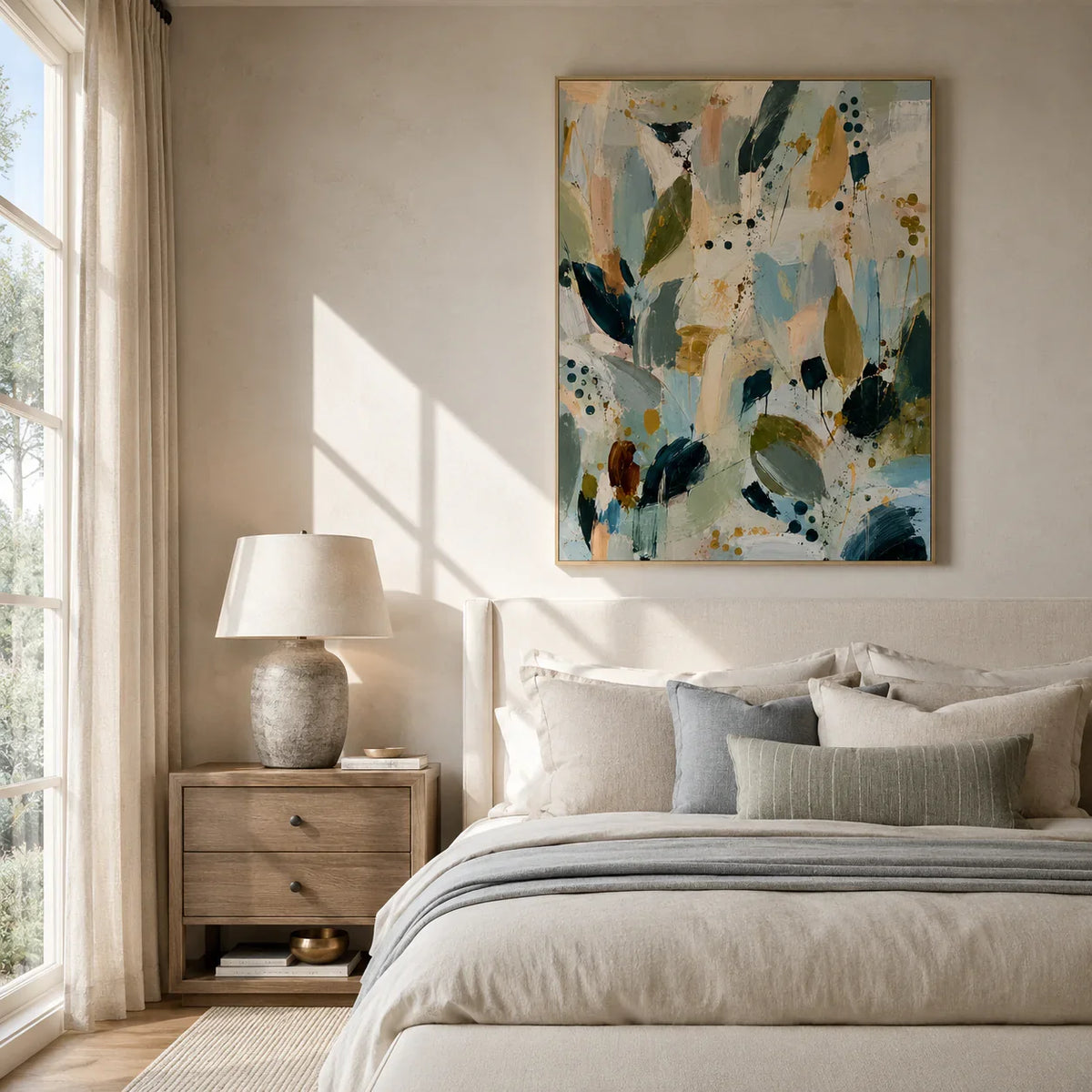 Sage Leaf Abstract Wall Art styled in a bedroom | Olyrel