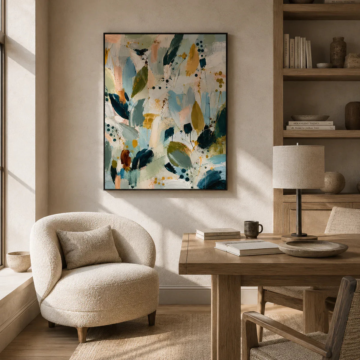 Sage Leaf Abstract Wall Art styled in a office | Olyrel