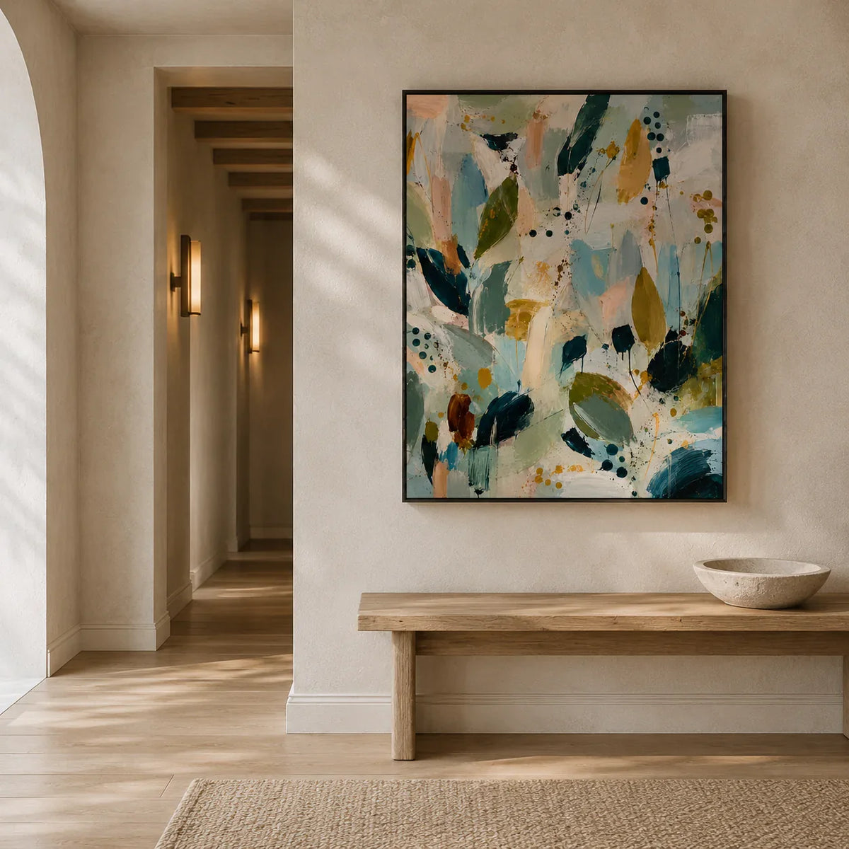 Sage Leaf Abstract Wall Art styled in a entryway | Olyrel