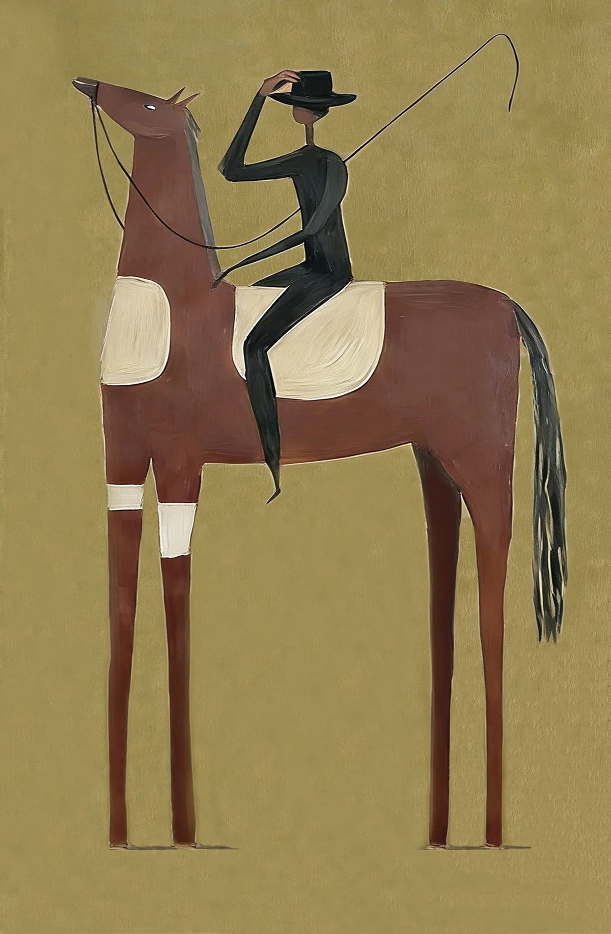 Tall Chestnut Horse and Dark-Clad Rider Wall Art artwork view | Olyrel