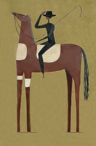 Tall Chestnut Horse and Dark-Clad Rider Wall Art artwork view | Olyrel