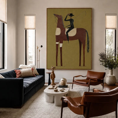 Tall Chestnut Horse and Dark-Clad Rider Wall Art styled interior scene 1 | Olyrel