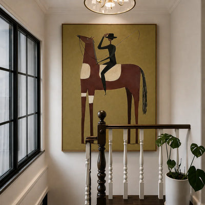 Tall Chestnut Horse and Dark-Clad Rider Wall Art styled interior scene 2 | Olyrel