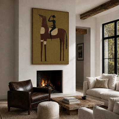 Tall Chestnut Horse and Dark-Clad Rider Wall Art styled interior scene 3 | Olyrel