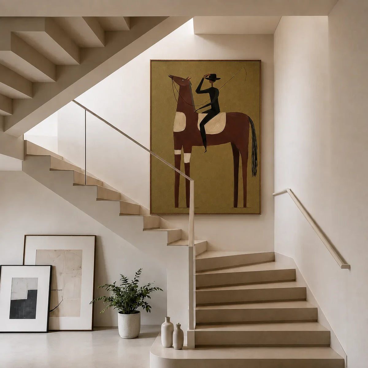 Tall Chestnut Horse and Dark-Clad Rider Wall Art styled interior scene 4 | Olyrel