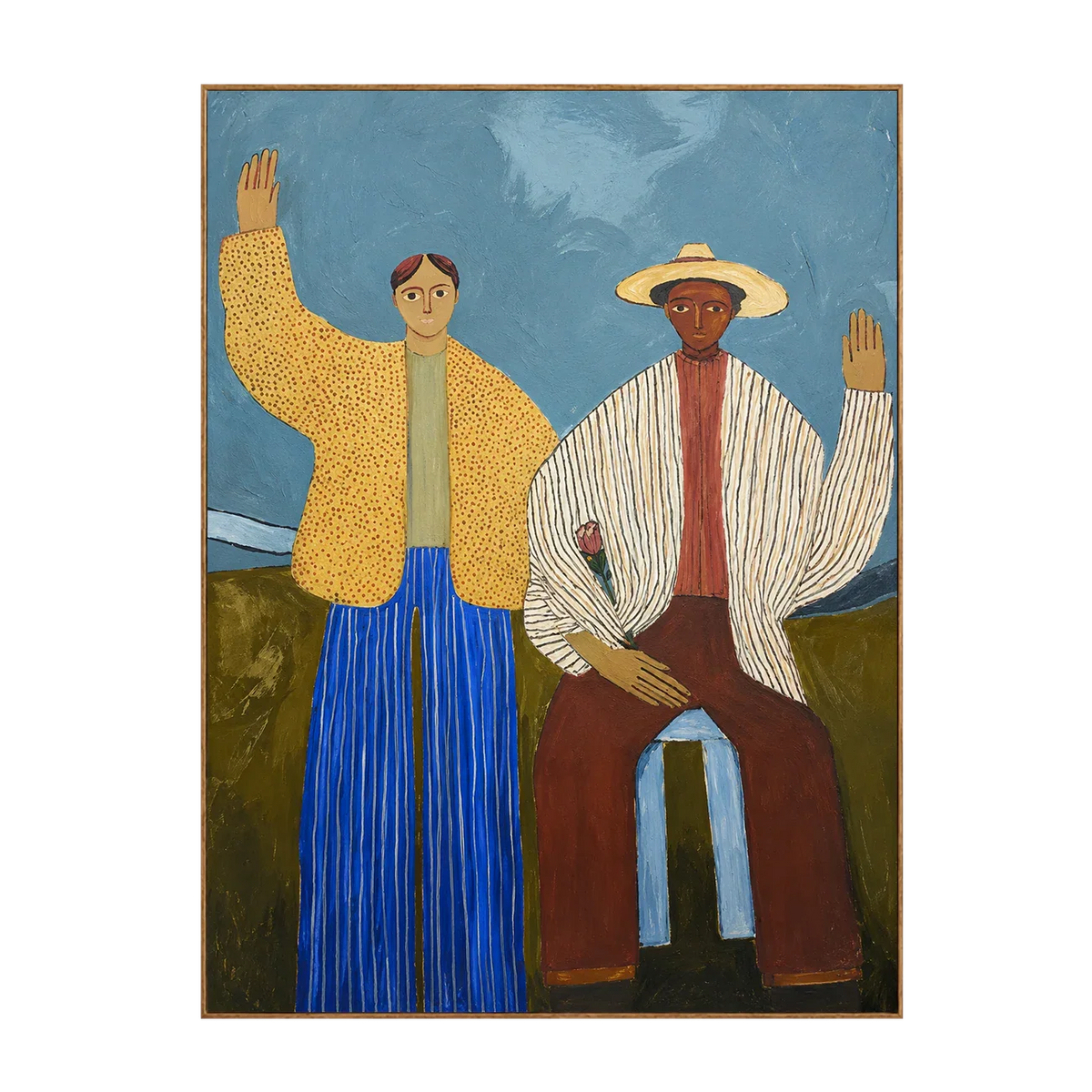 Two Waving Figures in Blue and Yellow Wall Art | Olyrel