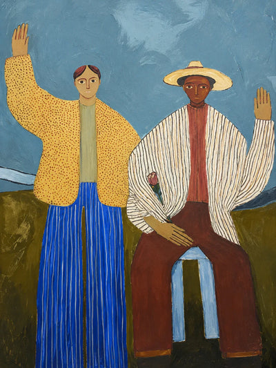 Two Waving Figures in Blue and Yellow Wall Art artwork view | Olyrel