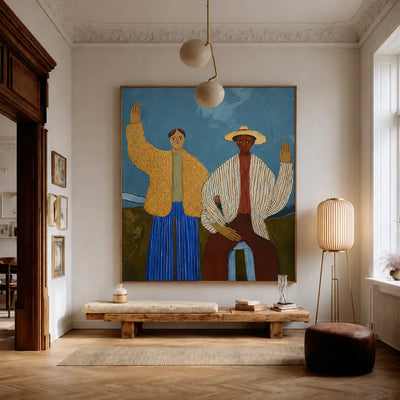 Two Waving Figures in Blue and Yellow Wall Art styled interior scene 3 | Olyrel