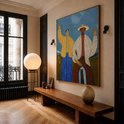 Two Waving Figures in Blue and Yellow Wall Art styled interior scene 4 | Olyrel