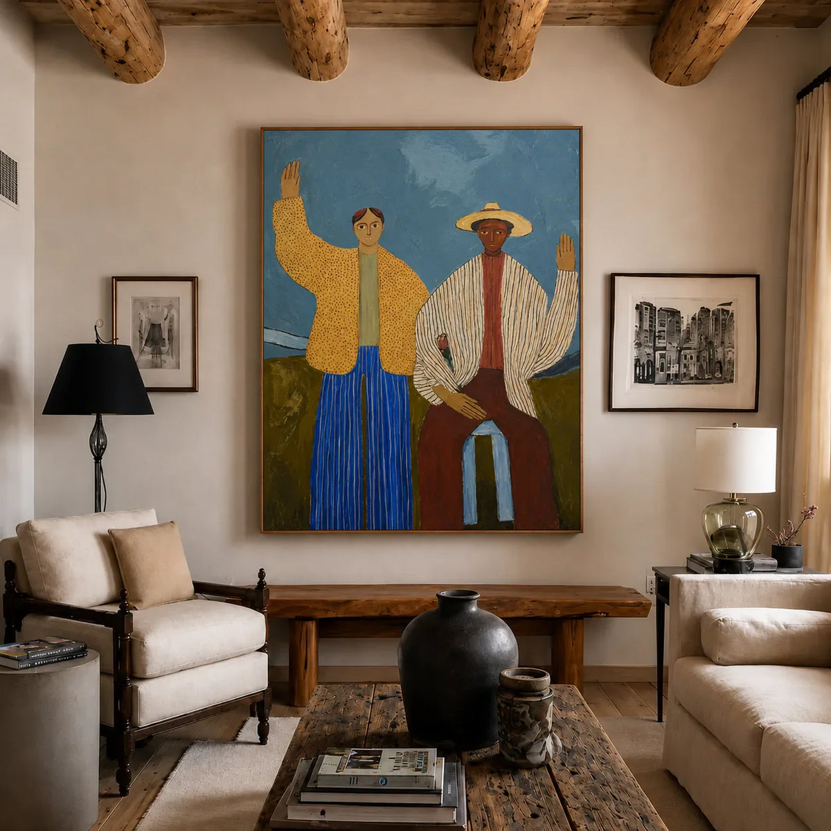 Two Waving Figures in Blue and Yellow Wall Art styled interior scene 5 | Olyrel