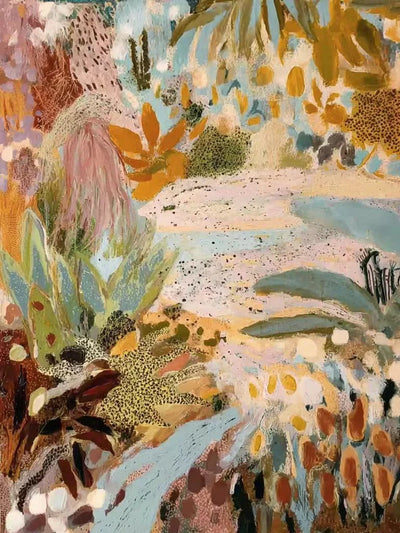 Pastel Botanical Layers in Aqua and Ochre Wall Art artwork view | Olyrel