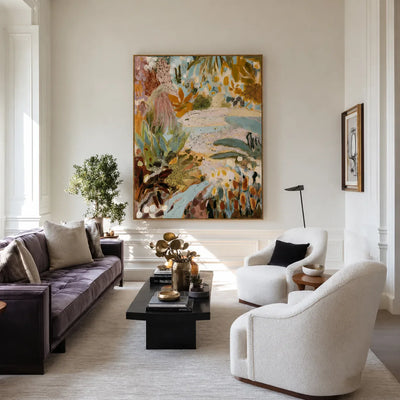 Pastel Botanical Layers in Aqua and Ochre Wall Art styled interior scene 2 | Olyrel