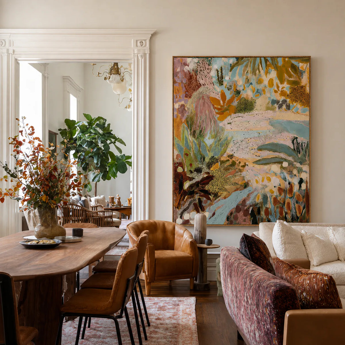 Pastel Botanical Layers in Aqua and Ochre Wall Art styled interior scene 4 | Olyrel