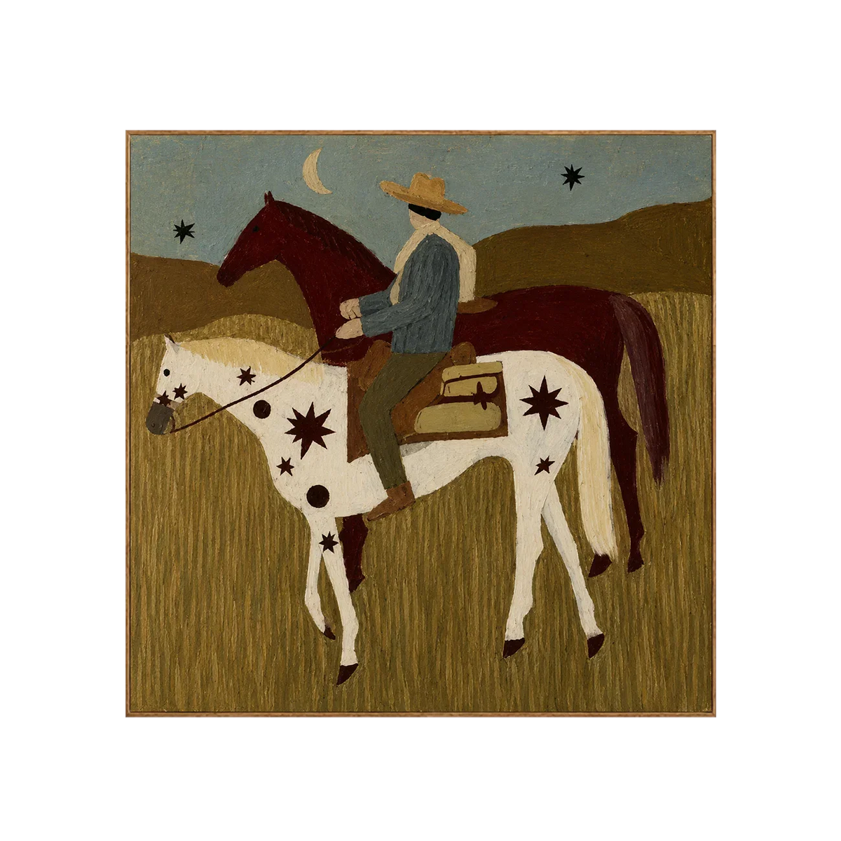 Rider and Two Horses beneath a Crescent Moon Wall Art | Olyrel