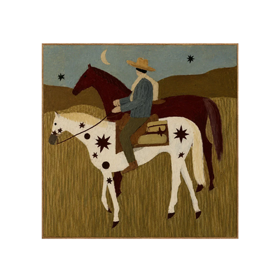 Rider and Two Horses beneath a Crescent Moon Wall Art | Olyrel